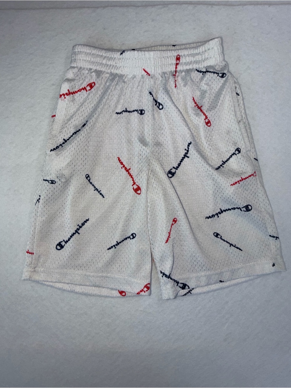 Boy's Champion White Mesh Allover Logo Athletic Shorts - Red & Navy Accents